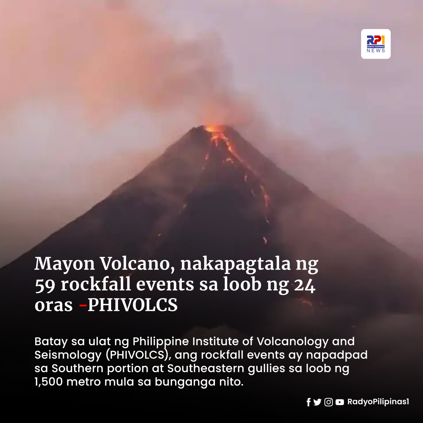 Mayon Volcano Nakapagtala Ng 59 Rockfall Events Sa Loob Ng 24 Oras Phivolcs Radyo Pilipinas 2478