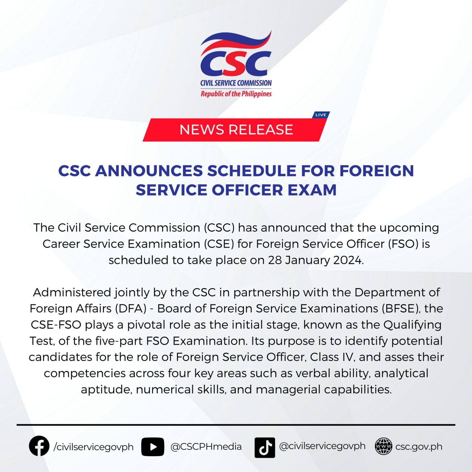 Foreign Service Officer exam, itinakda na sa Enero 2024 CSC Radyo