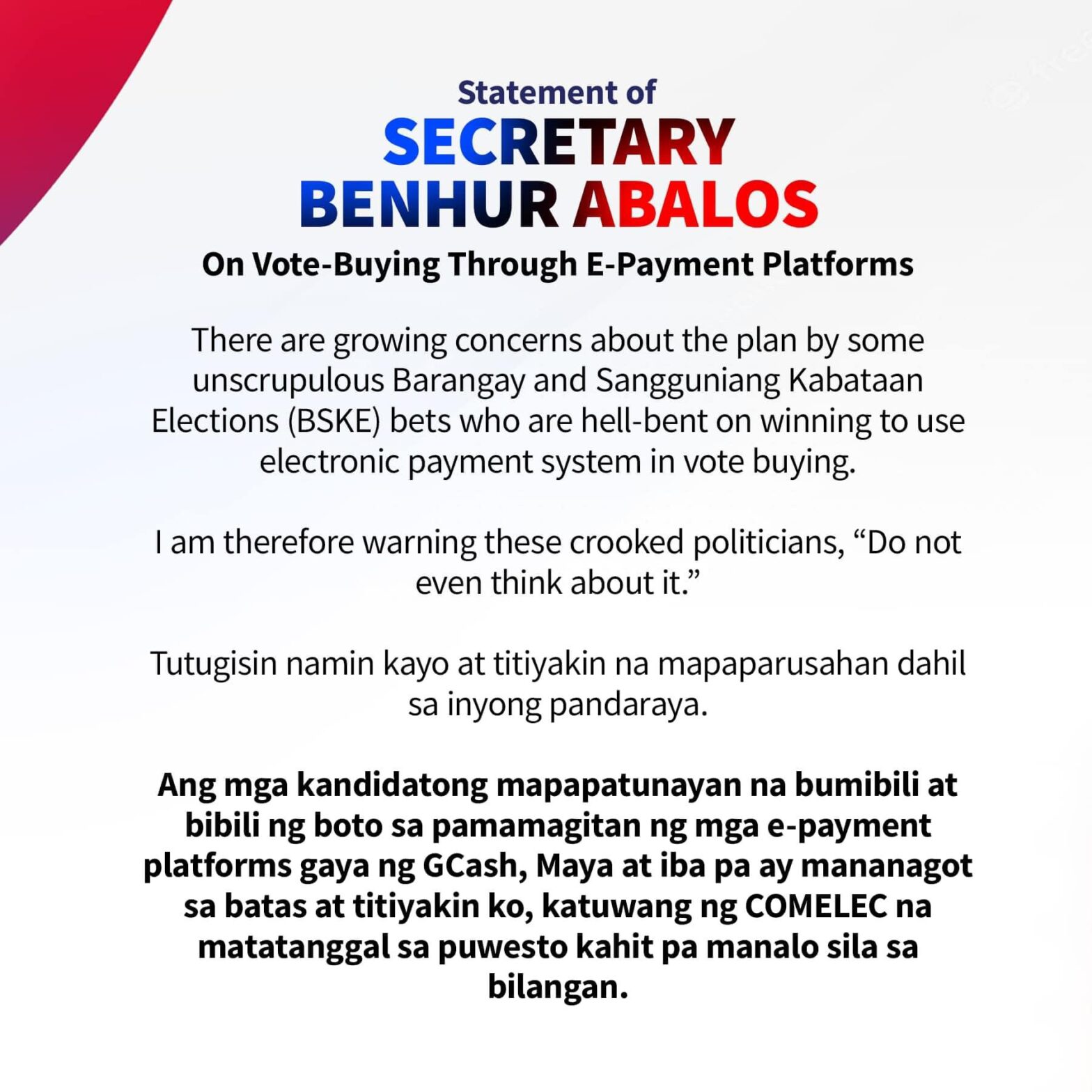 Dilg Sec Abalos Nagbabala Sa Mga Kandidatong Magtatangkang Mamili Ng Boto Sa E Payment 5828