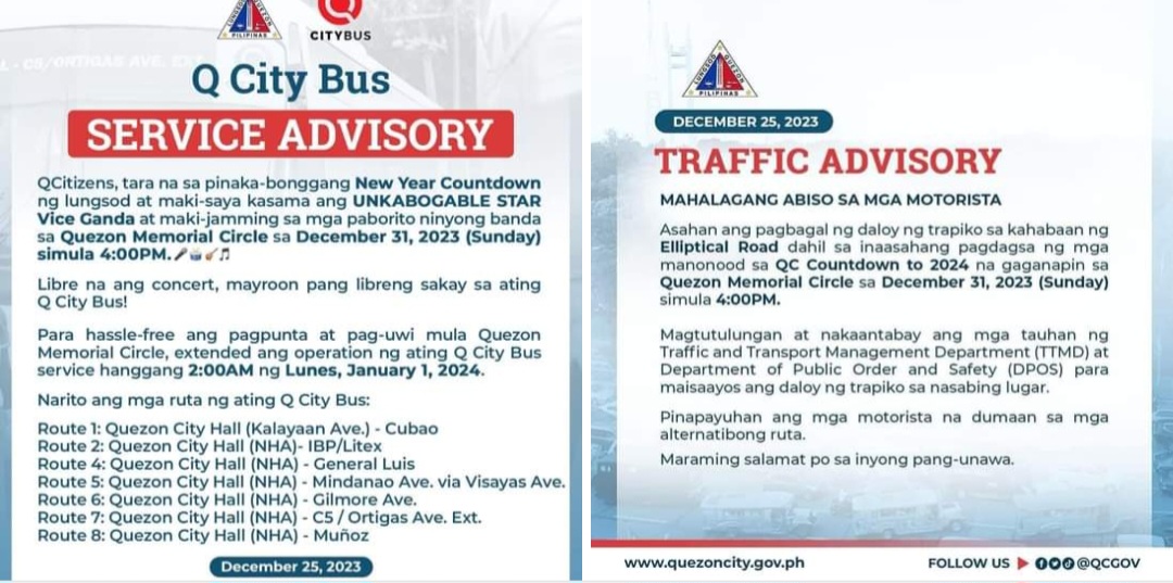 QC LGU, naglabas ng traffic advisory para sa 'Countdown to 2024' sa