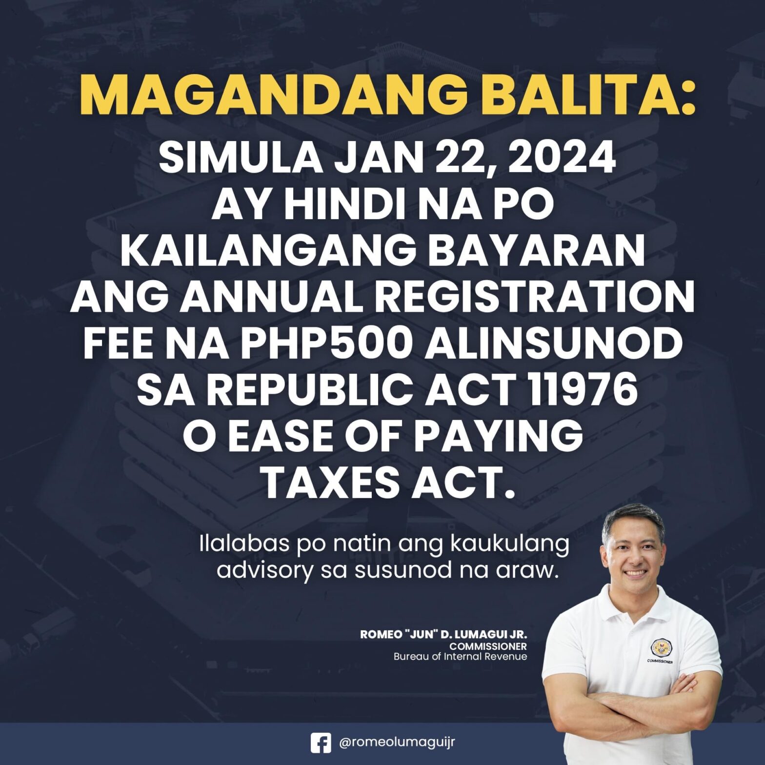 Pagbabayad Ng Annual Registration Fee Ng Business Taxpayers Di Na Oobligahin Ng Bir Simula Sa 4767