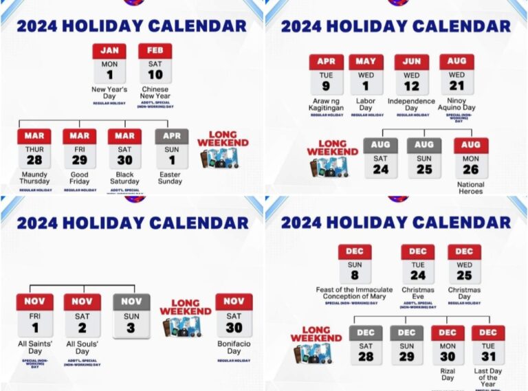 Listahan ng holiday at long weekend ngayong 2024, inilabas ng